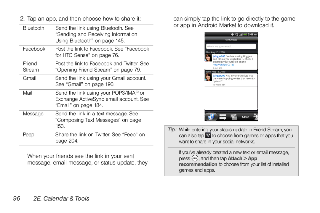 HTC TC U250, HTC EVO Shift 4G manual Tap an app, and then choose how to share it, 96 2E. Calendar & Tools 