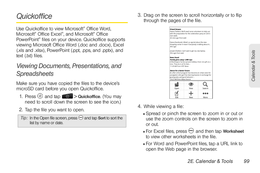 HTC HTC EVO Shift 4G manual Quickoffice, Viewing Documents, Presentations, and Spreadsheets, Tap the file you want to open 