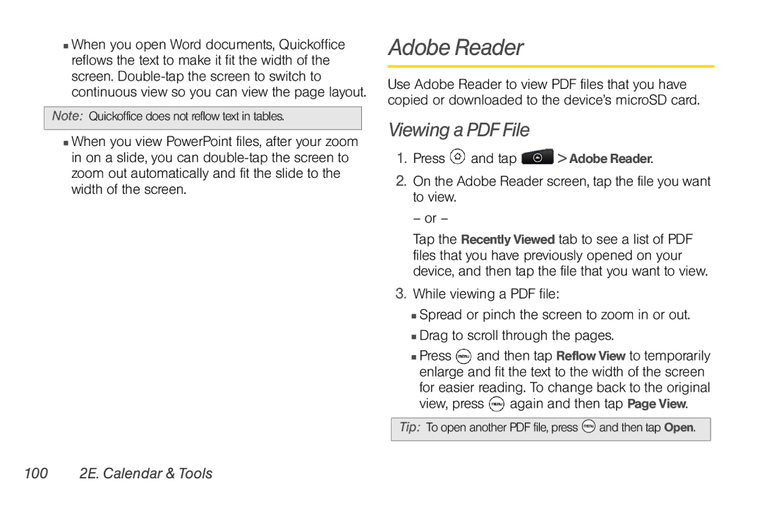 HTC TC U250, HTC EVO Shift 4G manual Adobe Reader, 100 2E. Calendar & Tools 