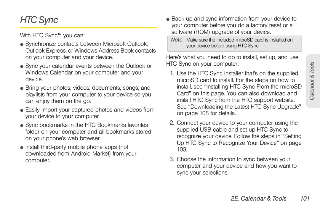HTC HTC EVO Shift 4G, TC U250 manual With HTC Sync you can, 2E. Calendar & Tools 101 