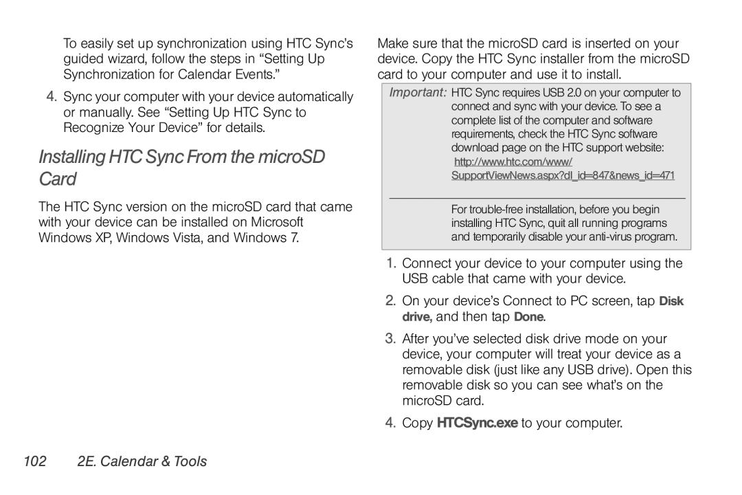 HTC TC U250, HTC EVO Shift 4G manual Installing HTC Sync From the microSD Card, 102 2E. Calendar & Tools 