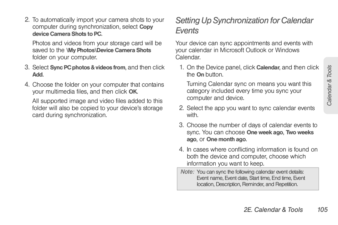 HTC HTC EVO Shift 4G, TC U250 manual Setting Up Synchronization for Calendar Events, 2E. Calendar & Tools 105 