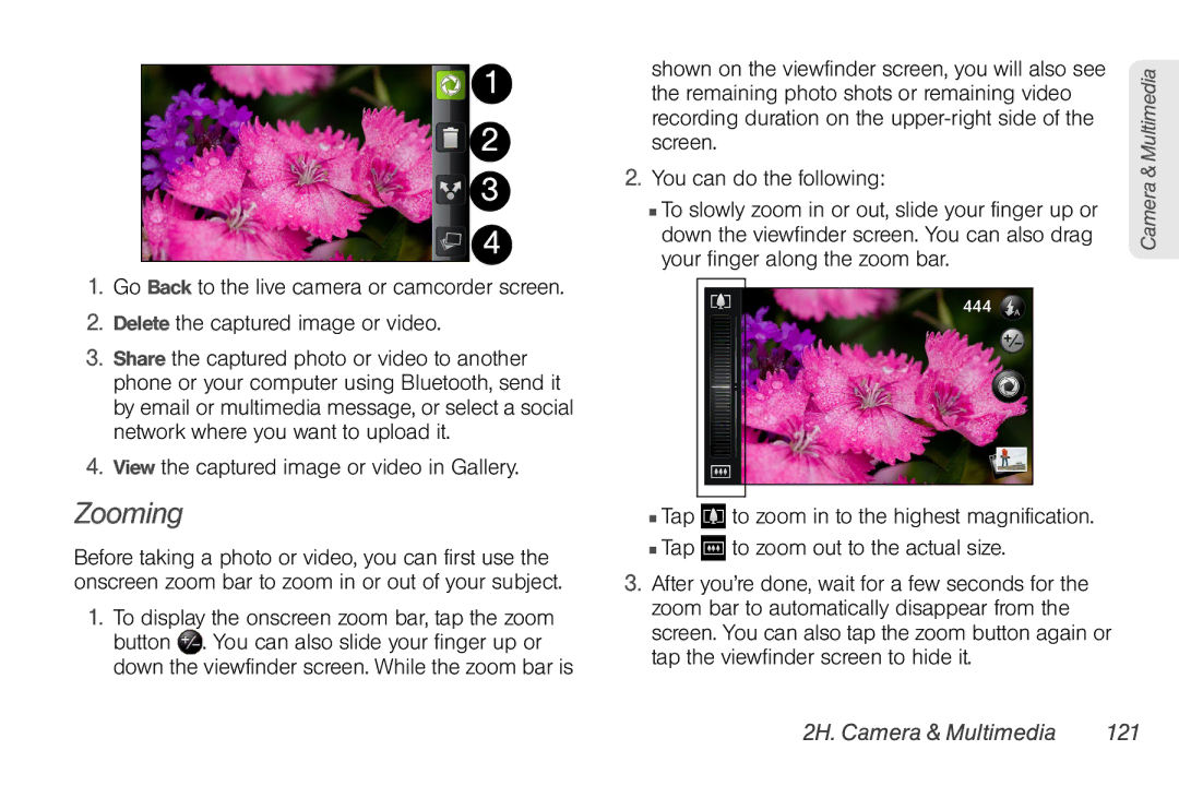 HTC HTC EVO Shift 4G, TC U250 manual Zooming, 2H. Camera & Multimedia 121 