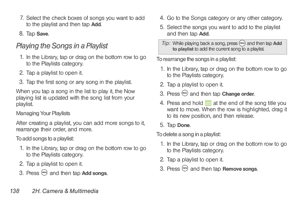 HTC TC U250, HTC EVO Shift 4G manual Playing the Songs in a Playlist, 138 2H. Camera & Multimedia 