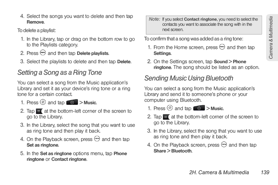 HTC HTC EVO Shift 4G, TC U250 manual Setting a Song as a Ring Tone, Sending Music Using Bluetooth, To delete a playlist 