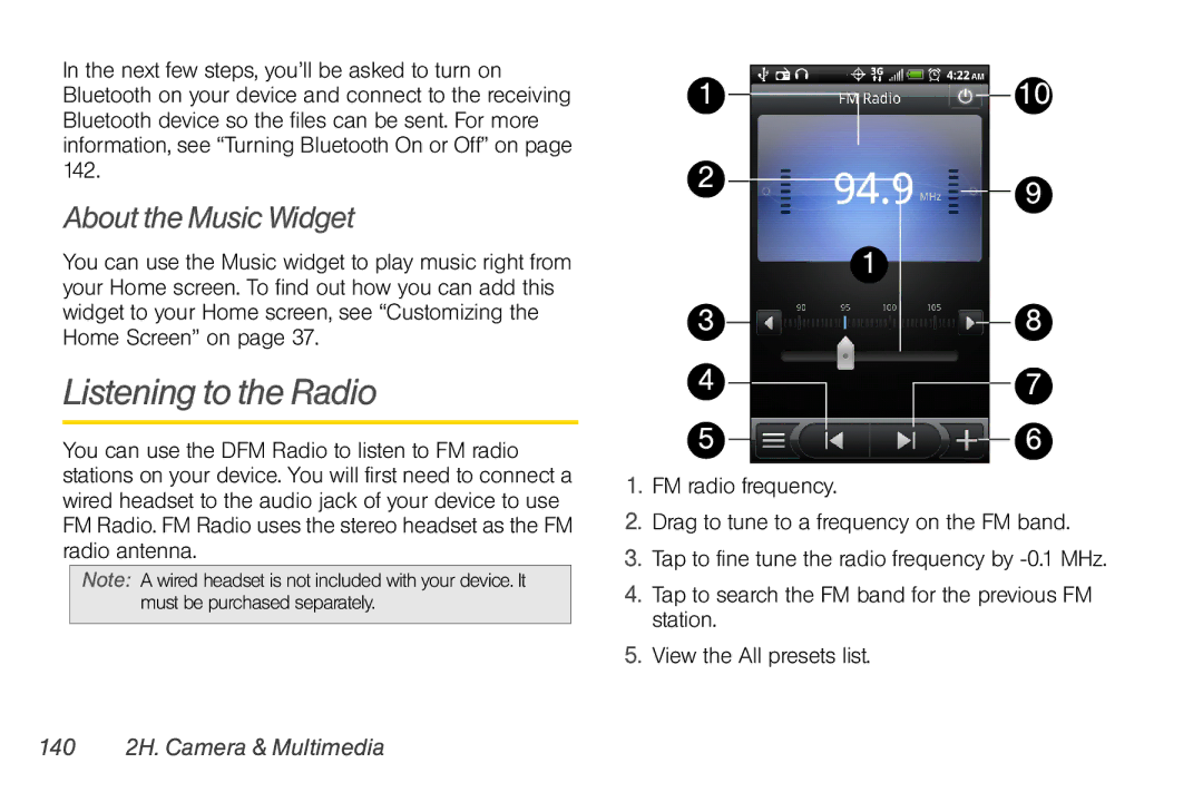 HTC TC U250, HTC EVO Shift 4G manual Listening to the Radio, About the Music Widget, 140 2H. Camera & Multimedia 