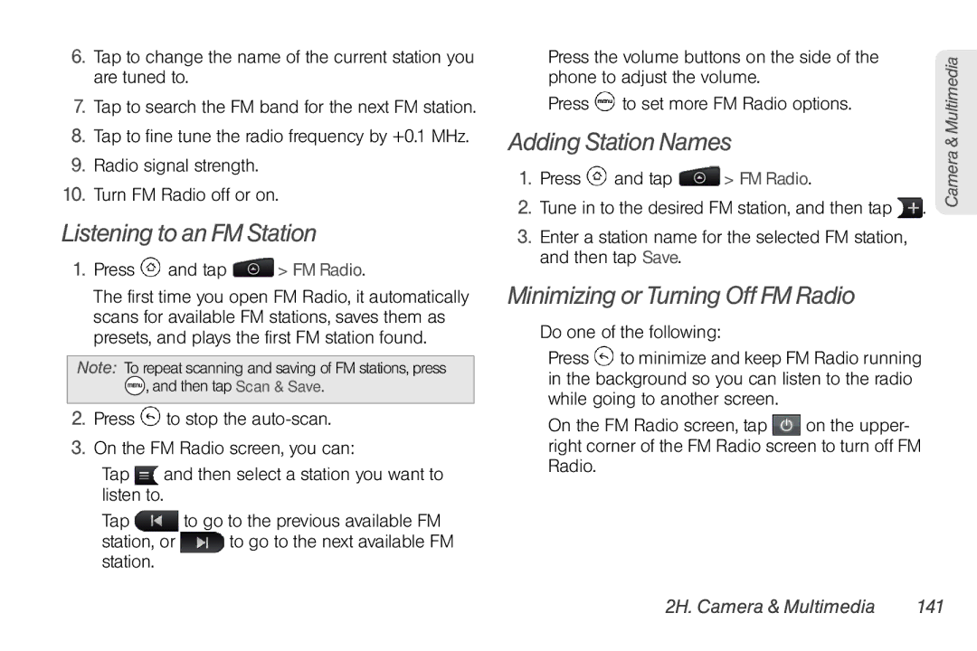 HTC HTC EVO Shift 4G, TC U250 manual Listening to an FM Station, Adding Station Names, Minimizing or Turning Off FM Radio 