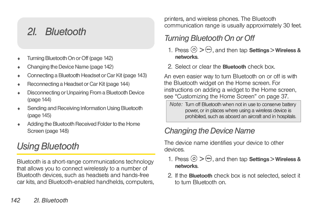 HTC TC U250 manual Using Bluetooth, Turning Bluetooth On or Off, Changing the Device Name, 142 2I. Bluetooth 