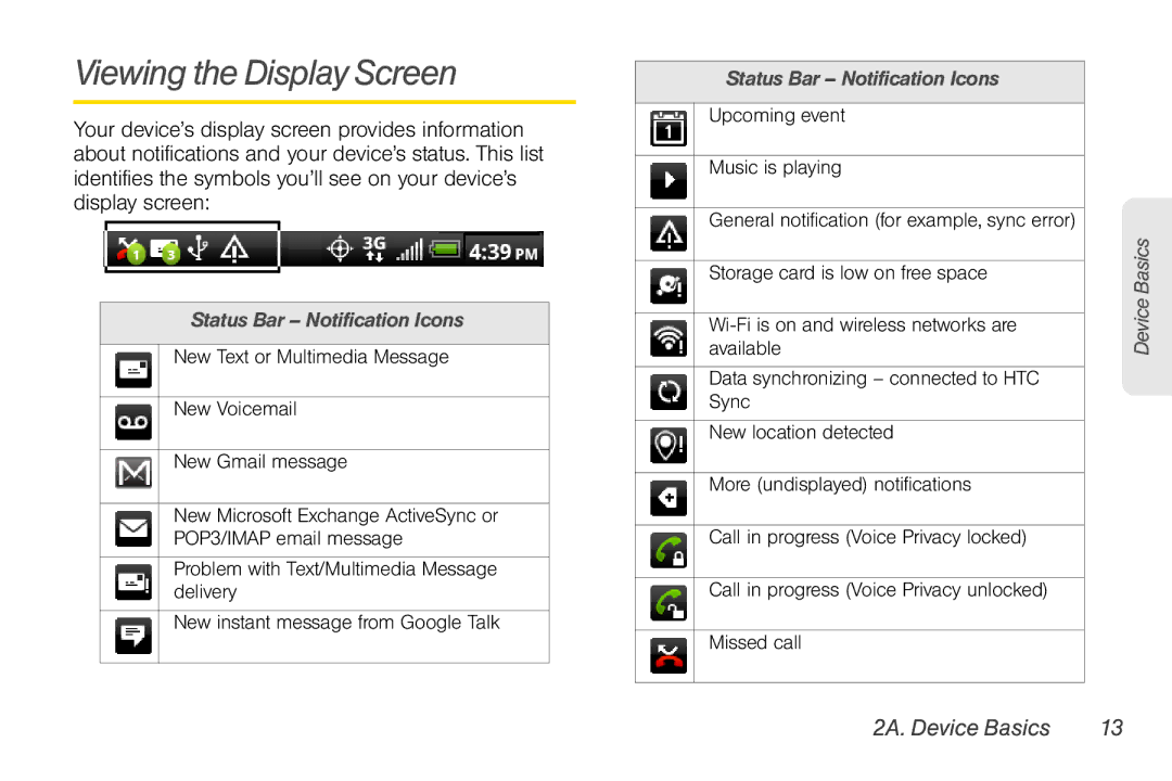 HTC HTC EVO Shift 4G, TC U250 manual Viewing the Display Screen, Status Bar Notification Icons 