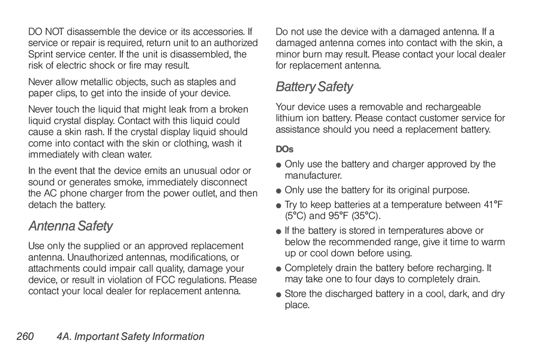 HTC TC U250, HTC EVO Shift 4G manual Antenna Safety, Battery Safety, 260 4A. Important Safety Information, DOs 