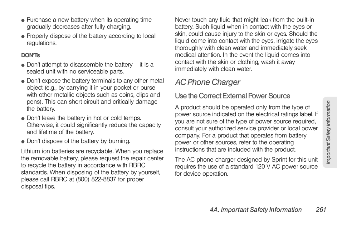 HTC HTC EVO Shift 4G AC Phone Charger, Use the Correct External Power Source, 4A. Important Safety Information 261, DON’Ts 