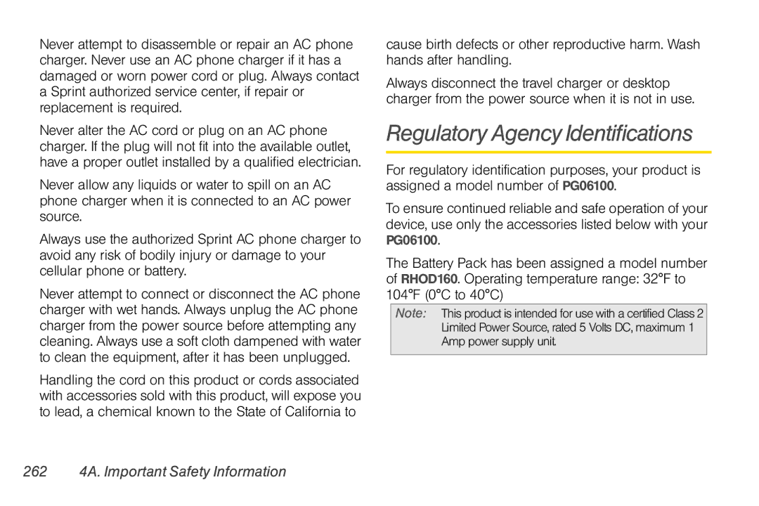 HTC TC U250, HTC EVO Shift 4G manual Regulatory Agency Identifications, 262 4A. Important Safety Information 