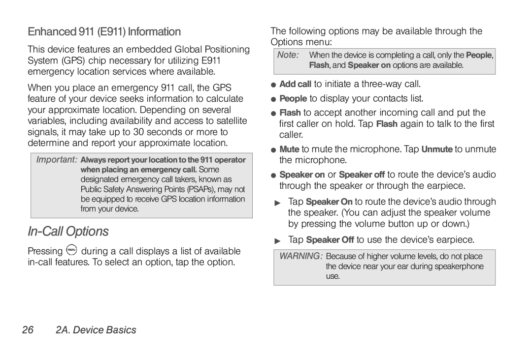 HTC TC U250 manual In-Call Options, Enhanced 911 E911 Information,  Tap Speaker Off to use the device’s earpiece 