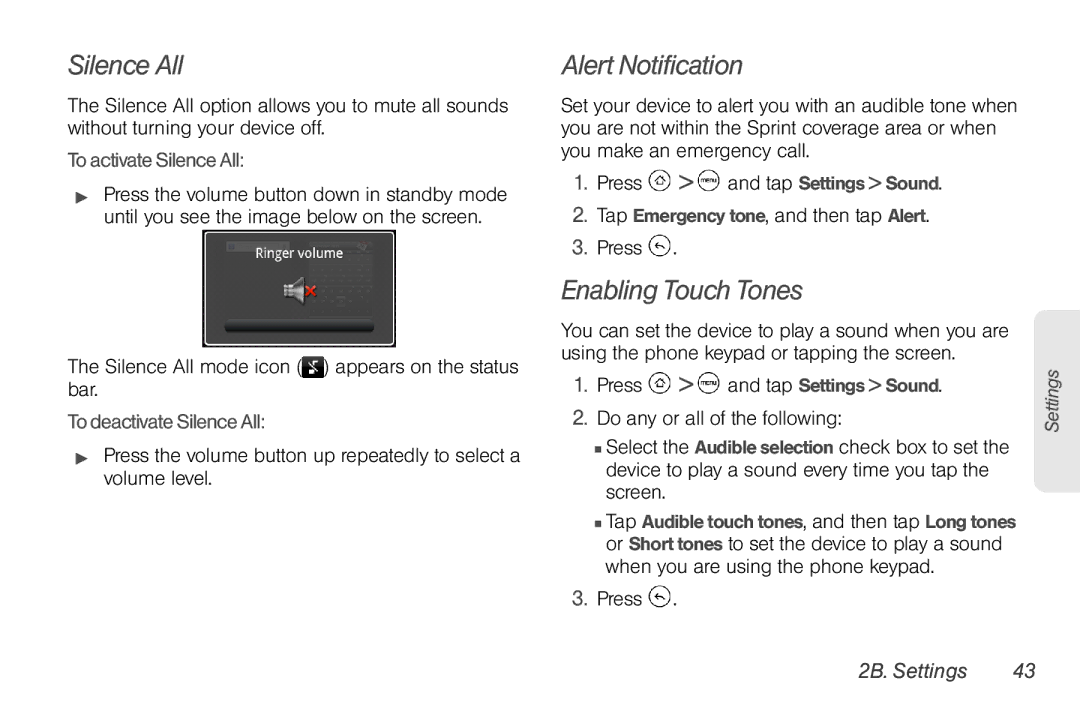 HTC HTC EVO Shift 4G Alert Notification, Enabling Touch Tones, To activate Silence All, To deactivate Silence All 