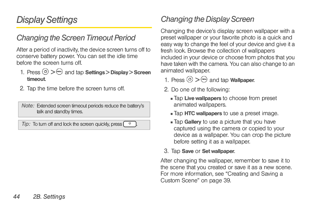 HTC TC U250 manual Display Settings, Changing the Screen Timeout Period, Changing the Display Screen, 44 2B. Settings 