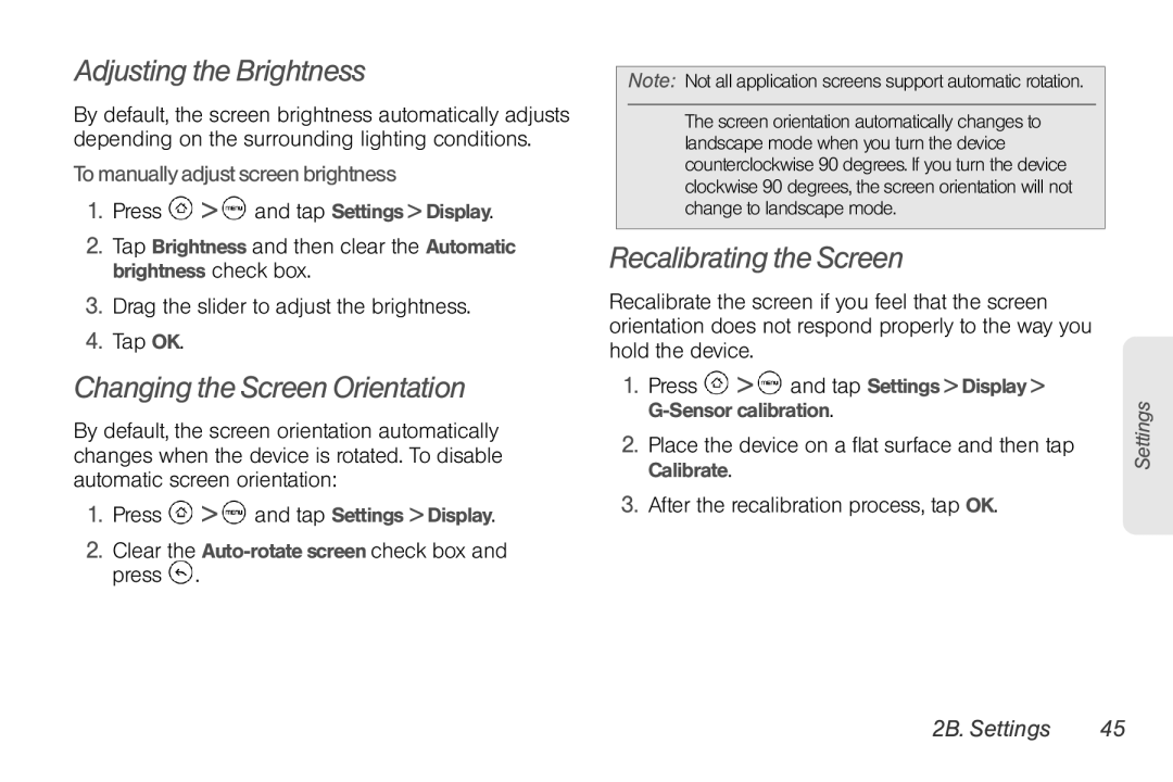 HTC HTC EVO Shift 4G, TC U250 manual Adjusting the Brightness, Changing the Screen Orientation, Recalibrating the Screen 