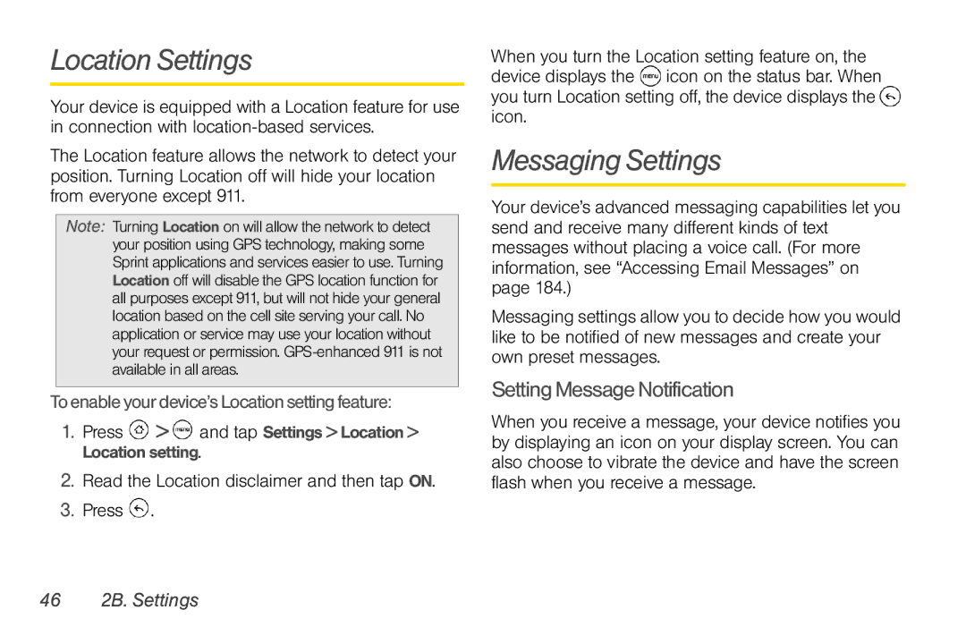 HTC TC U250, HTC EVO Shift 4G manual Location Settings, Messaging Settings, Setting Message Notification, 46 2B. Settings 