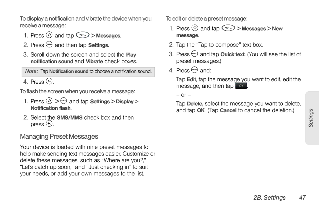 HTC HTC EVO Shift 4G, TC U250 manual Managing Preset Messages, To flash the screen when you receive a message 