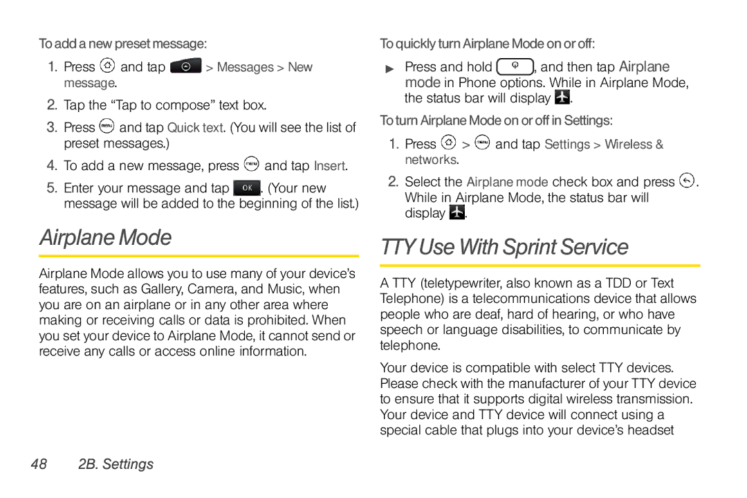 HTC TC U250, HTC EVO Shift 4G manual Airplane Mode, TTY Use With Sprint Service, 48 2B. Settings 