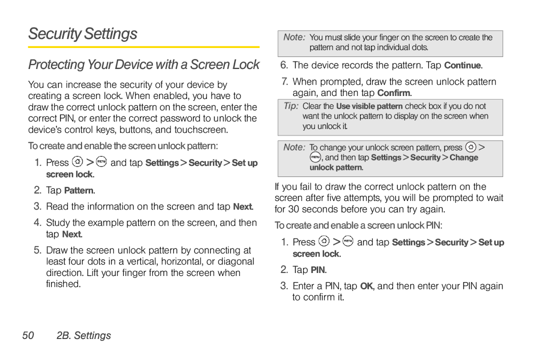 HTC TC U250 Security Settings, To create and enable the screen unlock pattern, To create and enable a screen unlock PIN 