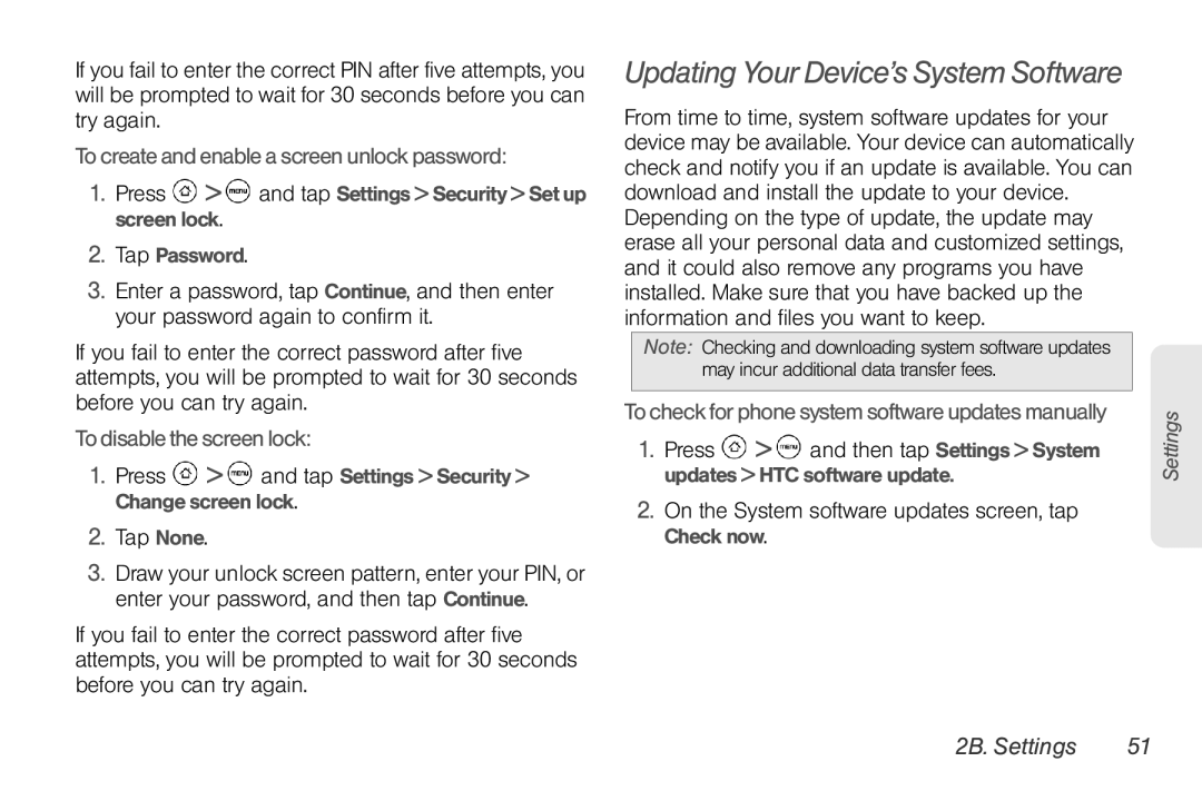 HTC HTC EVO Shift 4G, TC U250 manual To create and enable a screen unlock password, To disable the screen lock, Tap None 