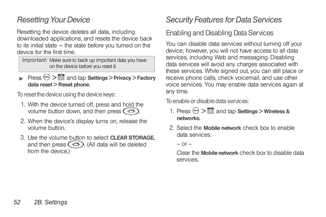 HTC TC U250 manual Resetting Your Device, Security Features for Data Services, Enabling and Disabling Data Services 