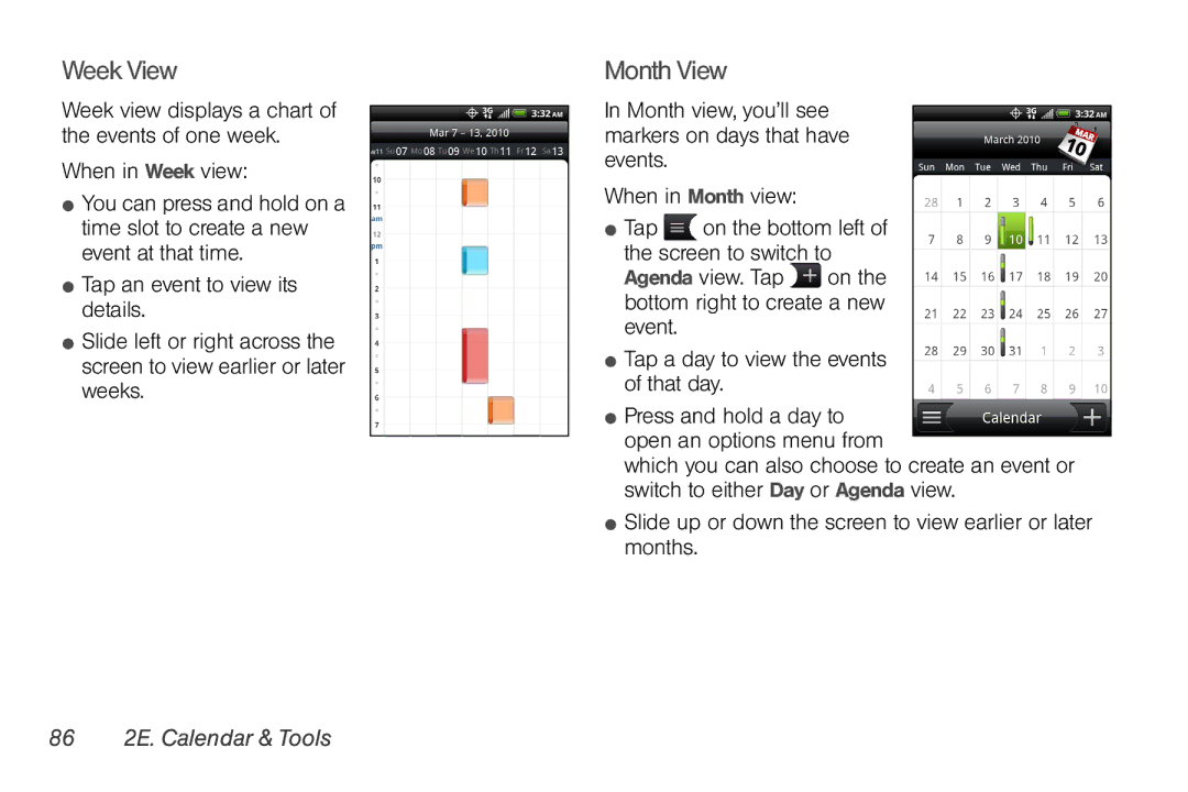 HTC TC U250, HTC EVO Shift 4G manual Week View, Month View, 86 2E. Calendar & Tools 