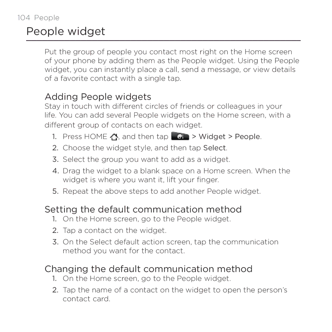 HTC Thunderbolt manual Adding People widgets, Setting the default communication method 