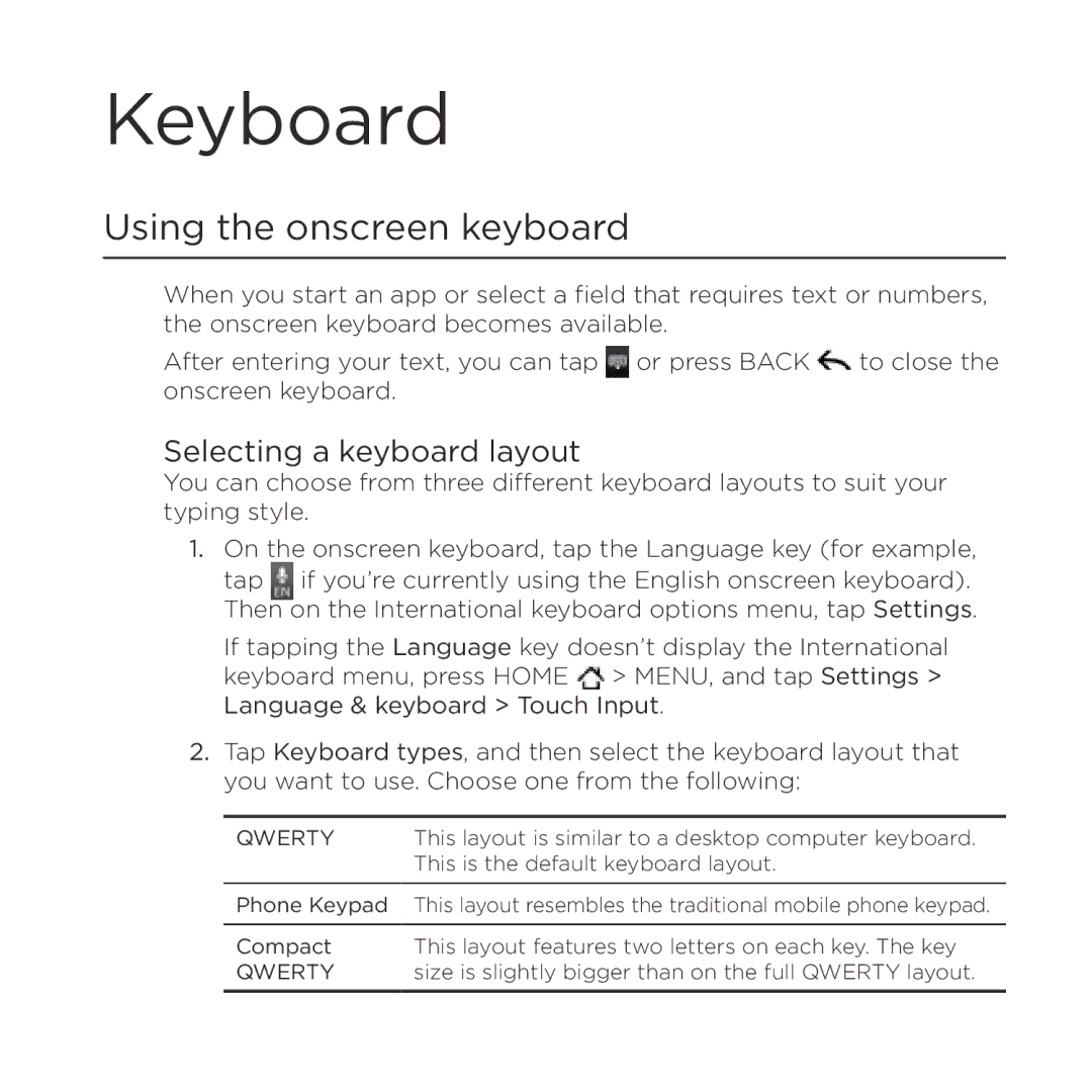 HTC Thunderbolt manual Keyboard, Using the onscreen keyboard, Selecting a keyboard layout 