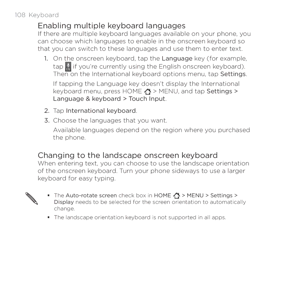 HTC Thunderbolt manual Enabling multiple keyboard languages, Changing to the landscape onscreen keyboard, Keyboard 