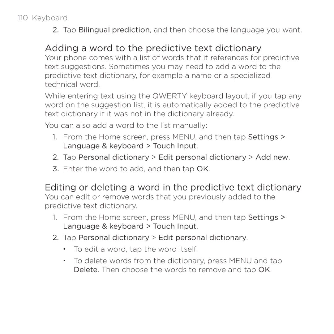 HTC Thunderbolt manual Adding a word to the predictive text dictionary 