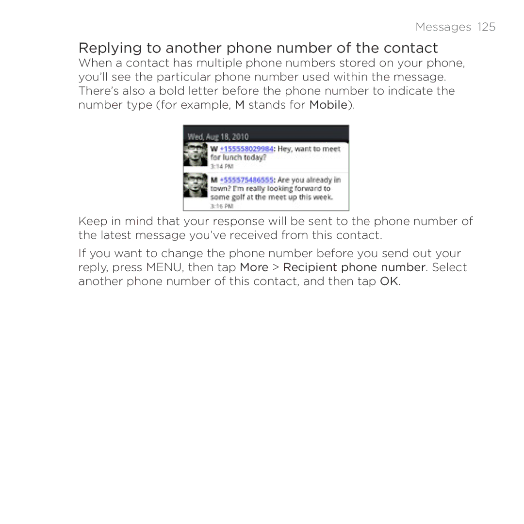 HTC Thunderbolt manual Replying to another phone number of the contact 