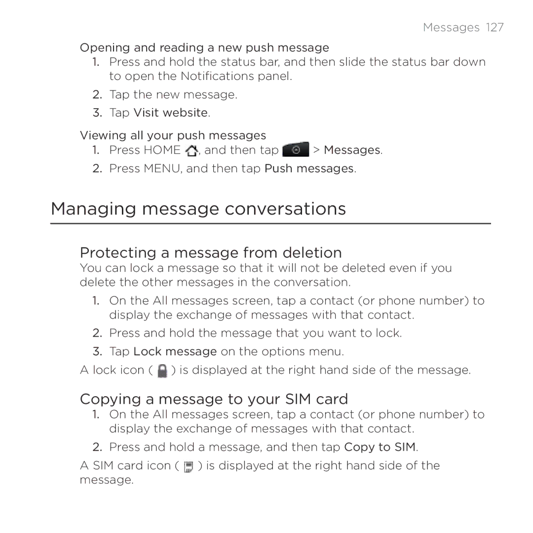 HTC Thunderbolt Managing message conversations, Protecting a message from deletion, Copying a message to your SIM card 