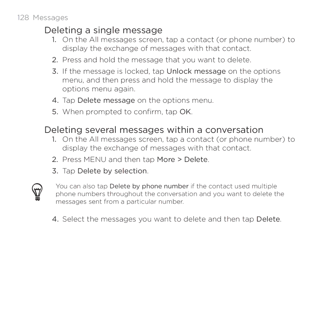 HTC Thunderbolt manual Deleting a single message, Deleting several messages within a conversation 