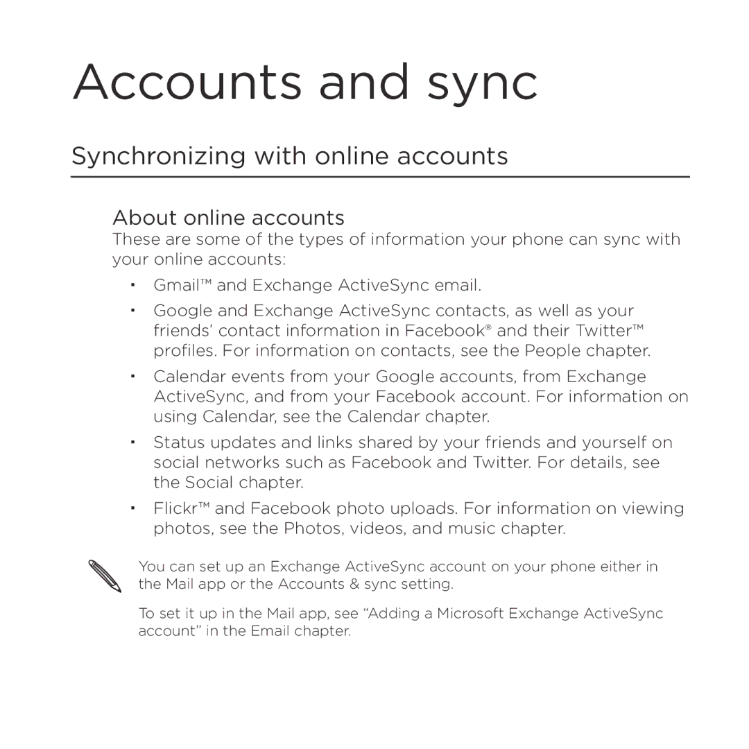 HTC Thunderbolt manual Accounts and sync, Synchronizing with online accounts, About online accounts 