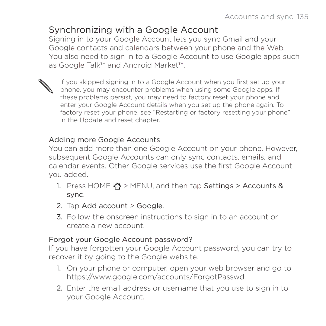 HTC Thunderbolt manual Synchronizing with a Google Account, Accounts and sync  