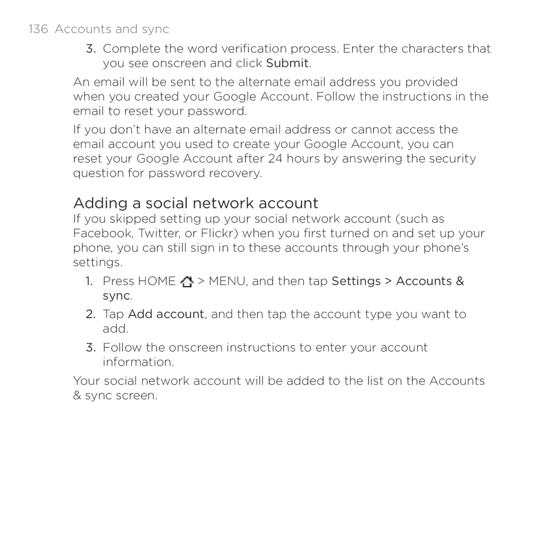 HTC Thunderbolt manual Adding a social network account, Accounts and sync 