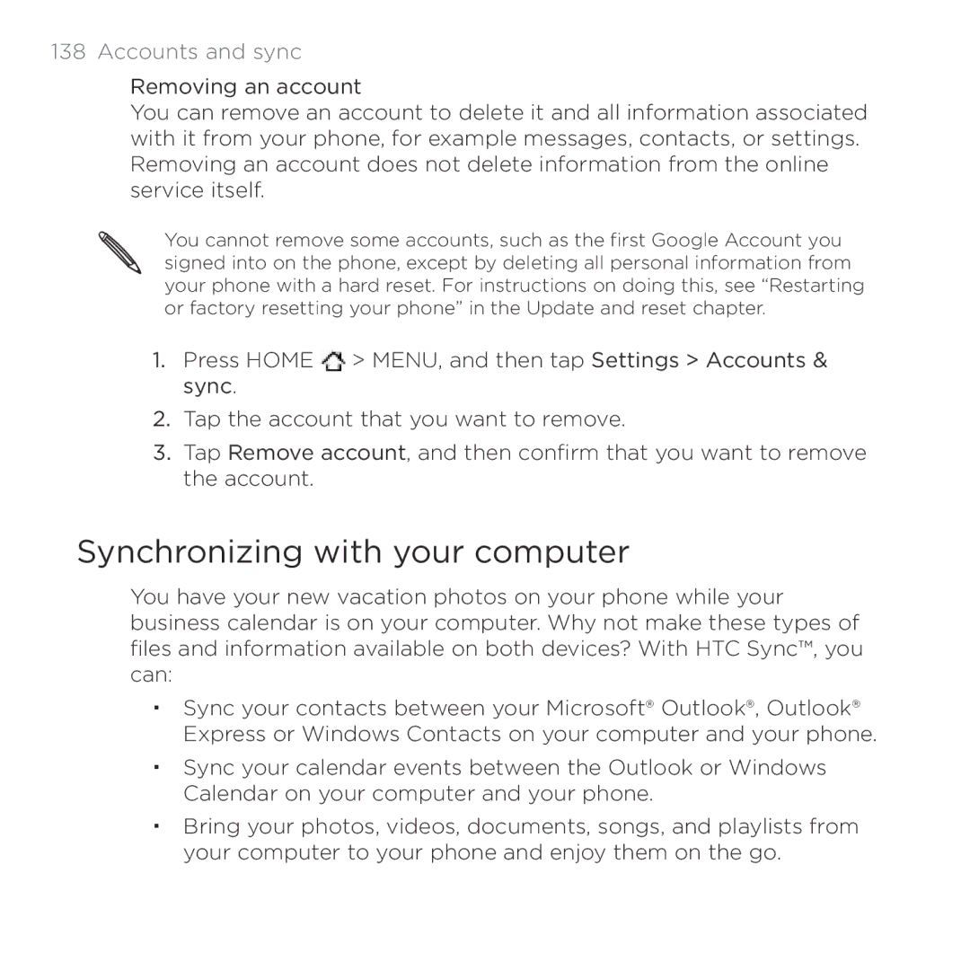 HTC Thunderbolt manual Synchronizing with your computer 