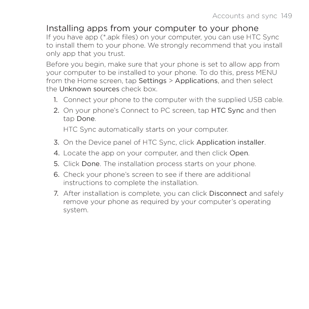 HTC Thunderbolt manual Installing apps from your computer to your phone 