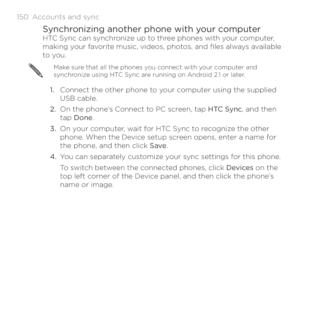 HTC Thunderbolt manual Synchronizing another phone with your computer 