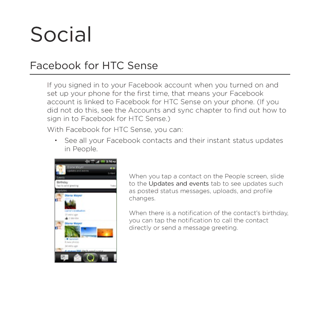 HTC Thunderbolt manual Social, Facebook for HTC Sense 