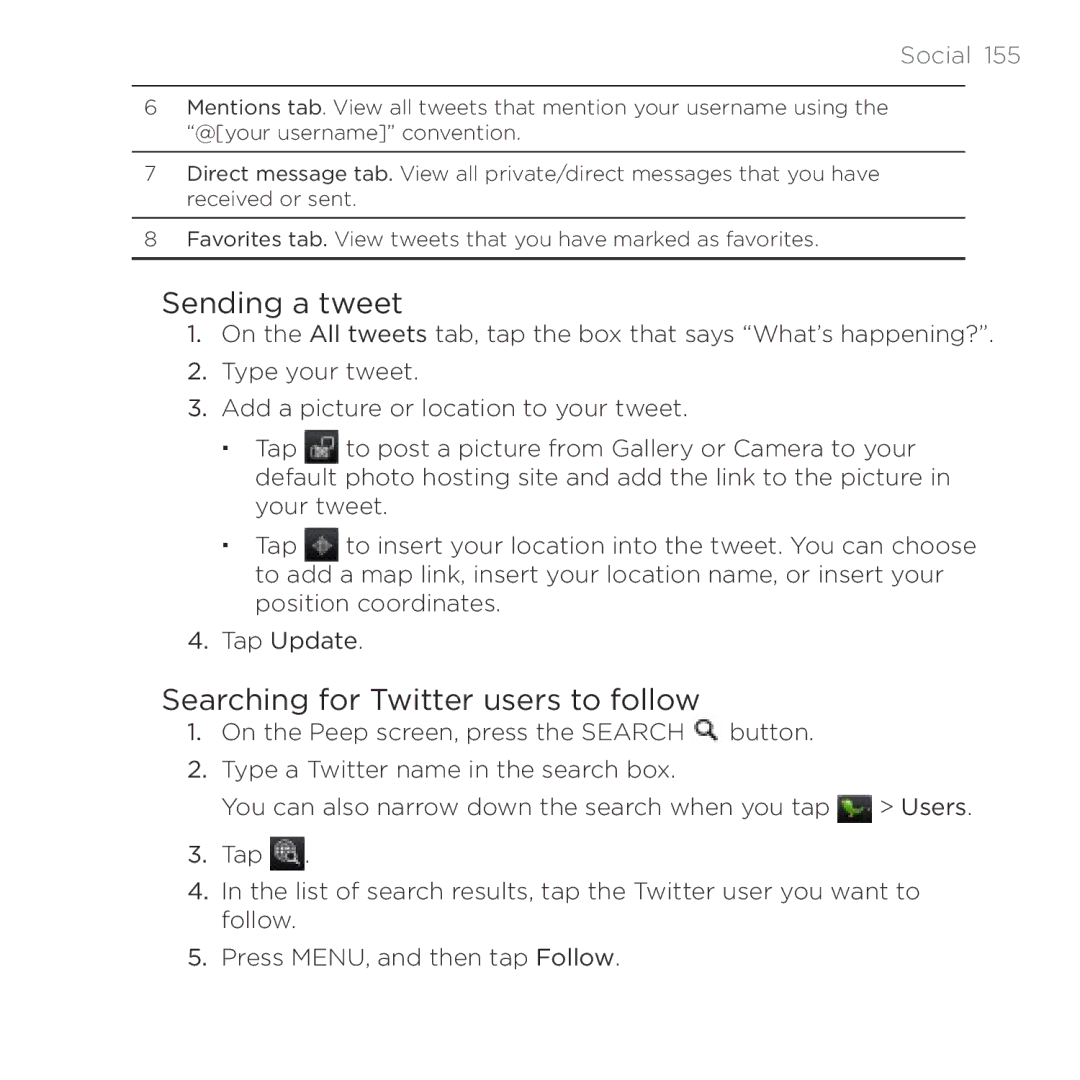 HTC Thunderbolt manual Sending a tweet, Searching for Twitter users to follow 