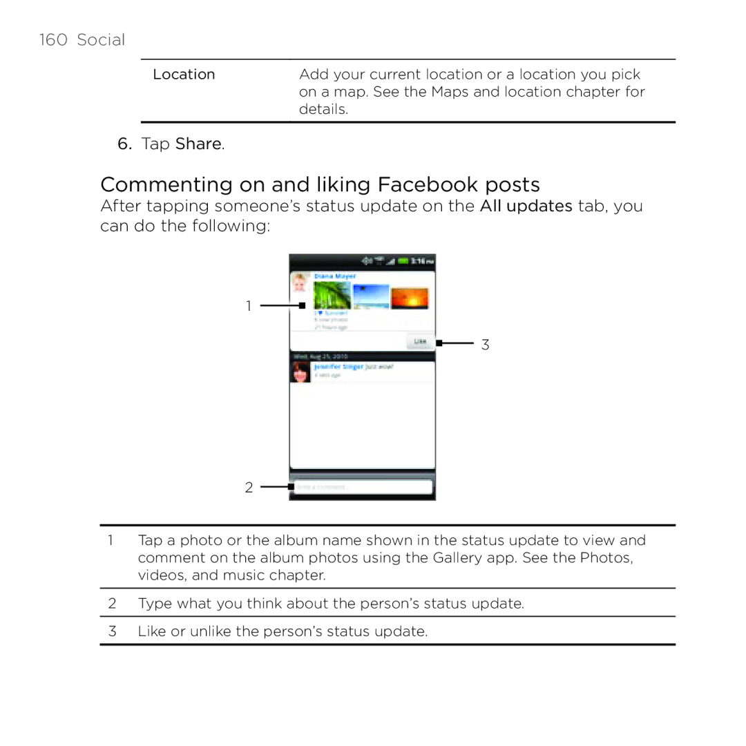 HTC Thunderbolt manual Commenting on and liking Facebook posts 