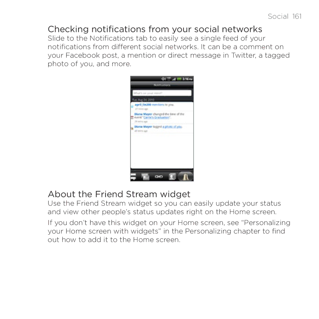 HTC Thunderbolt manual Checking notifications from your social networks, About the Friend Stream widget 