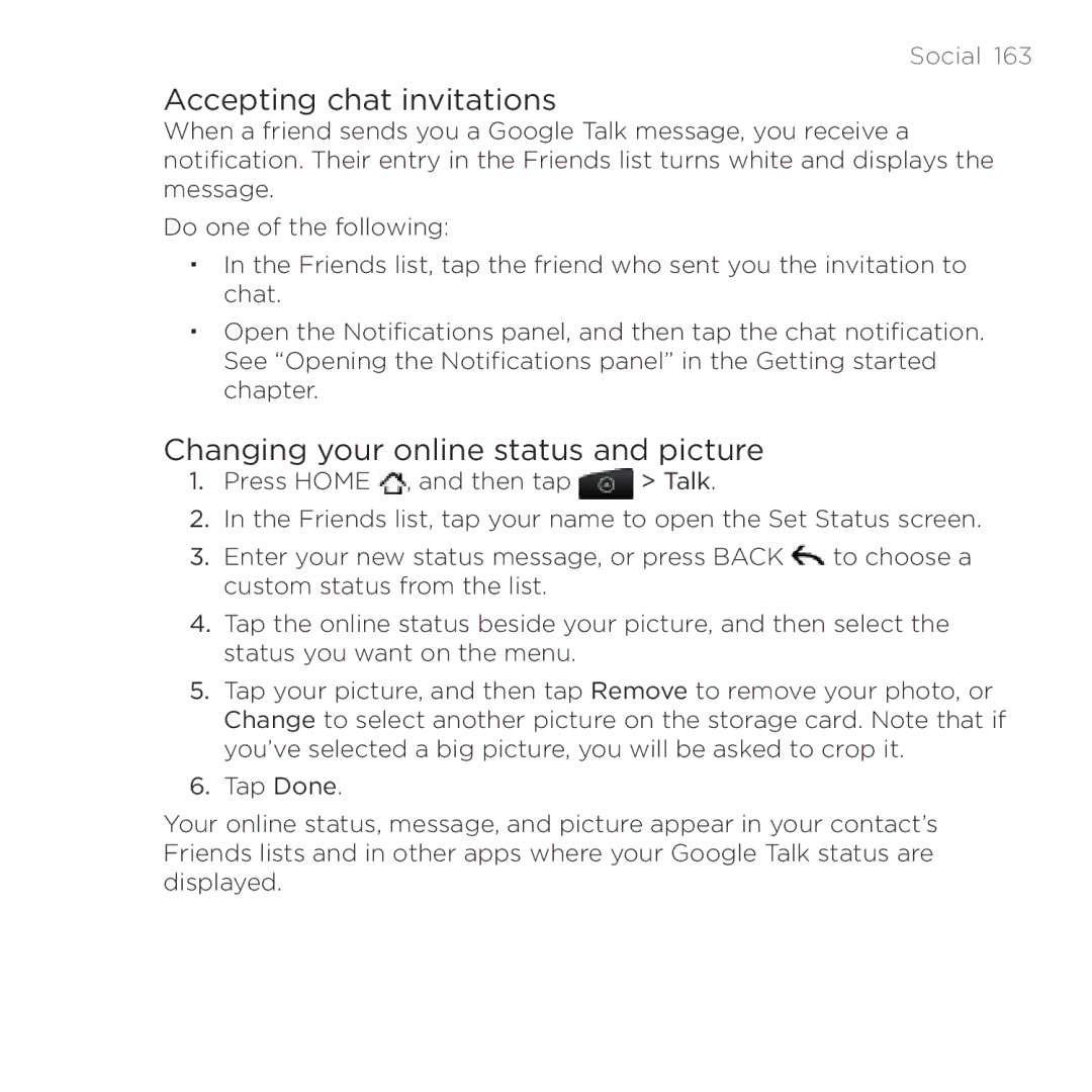 HTC Thunderbolt manual Accepting chat invitations, Changing your online status and picture 
