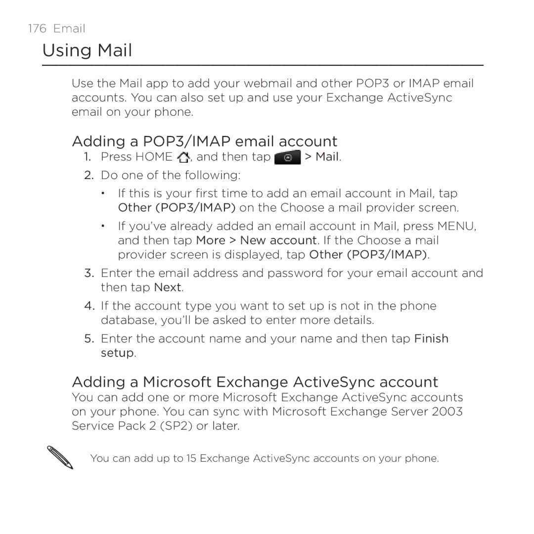 HTC Thunderbolt manual Using Mail, Adding a POP3/IMAP email account, Adding a Microsoft Exchange ActiveSync account 