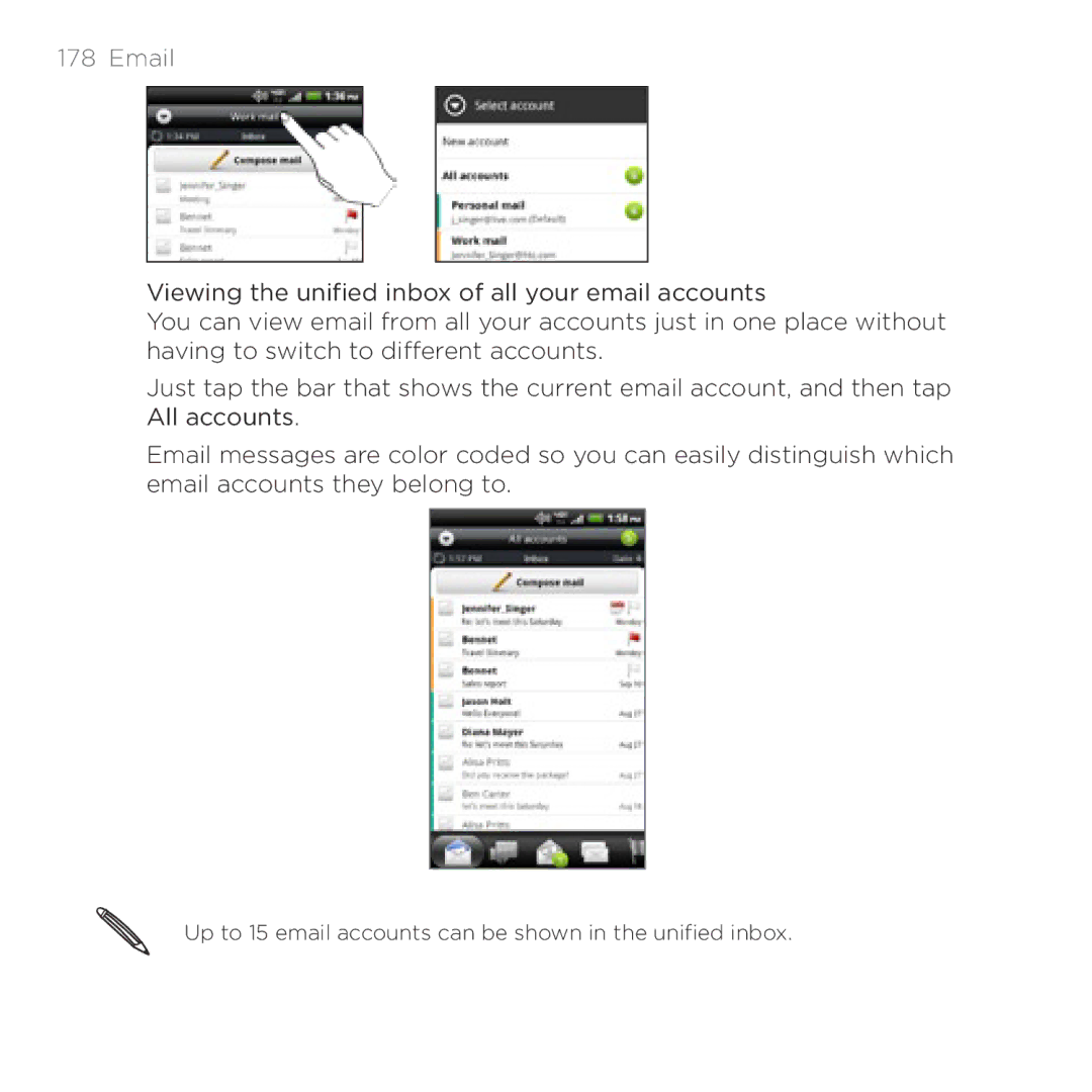 HTC Thunderbolt manual Up to 15 email accounts can be shown in the unified inbox 