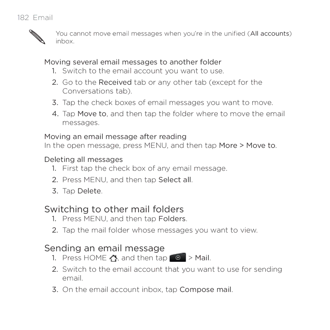 HTC Thunderbolt manual Switching to other mail folders, Sending an email message 