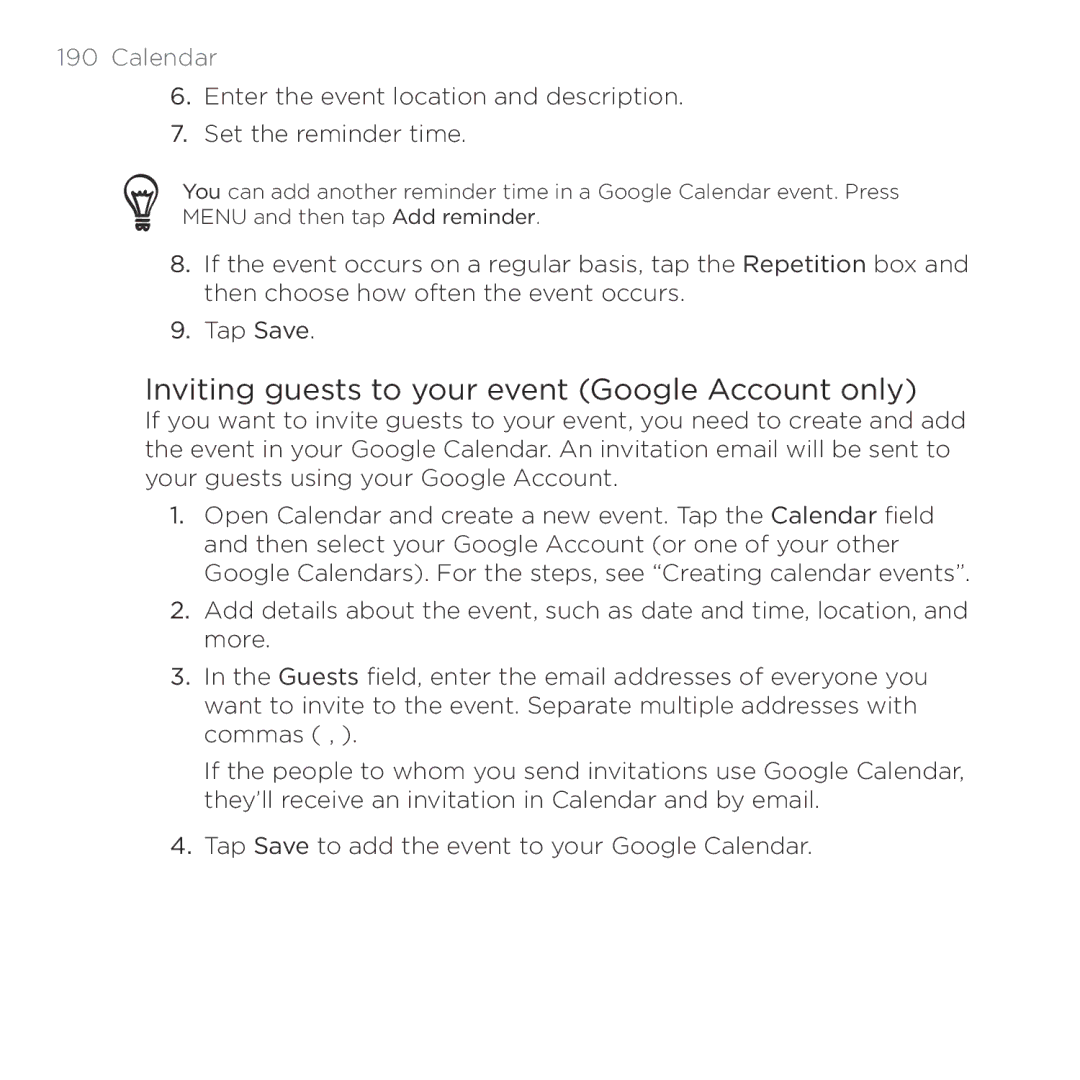 HTC Thunderbolt manual Inviting guests to your event Google Account only, Calendar 