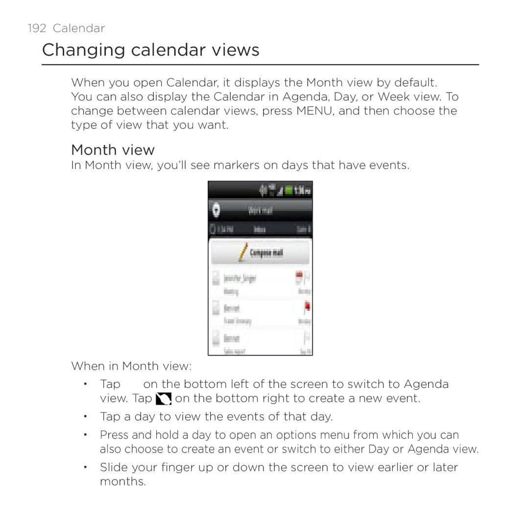 HTC Thunderbolt manual Changing calendar views, Month view 